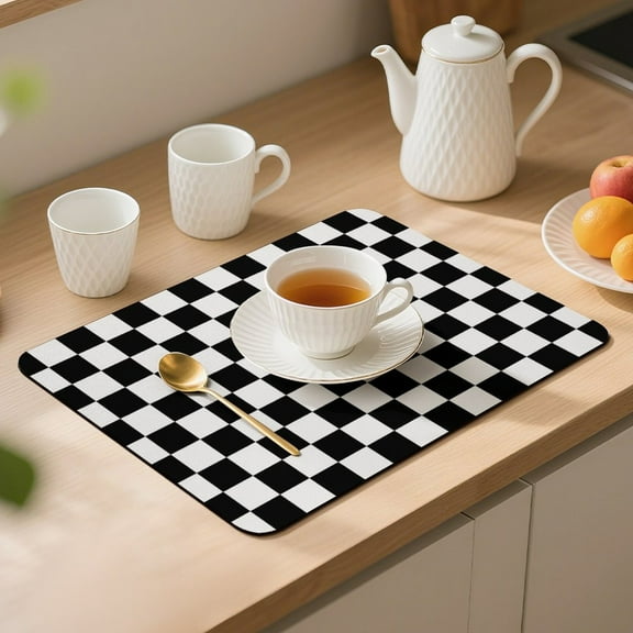 Black White Checkered Placemats 40x30cm Non-Slip Desk Mat Table Protector Durable Diatomaceous Rounded Corners, Washable Table Pad for Home Office Made in USA