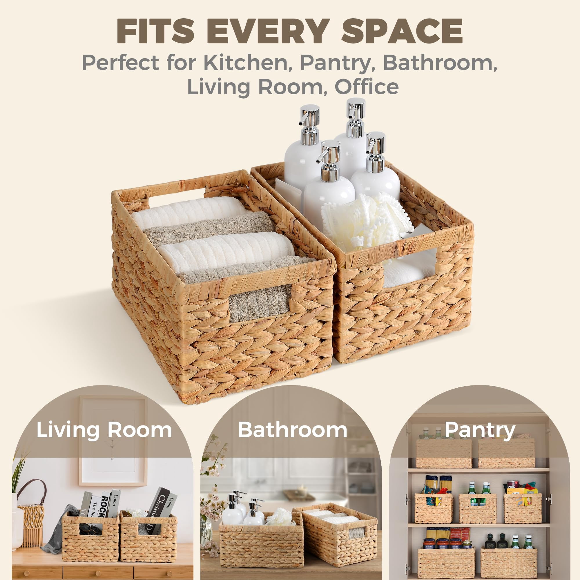 Woven Water Hyacinth Storage Baskets With Handles, Set of 2, Home Organization