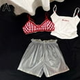 thumbnail image 1 of Traje de capas con 1 sujetador, 1 liguero y 1 pantalón corto. Parte inferior con costuras de encaje. Pantalones cortos a rayas con ambiente de capas. Tendencia., 1 of 2