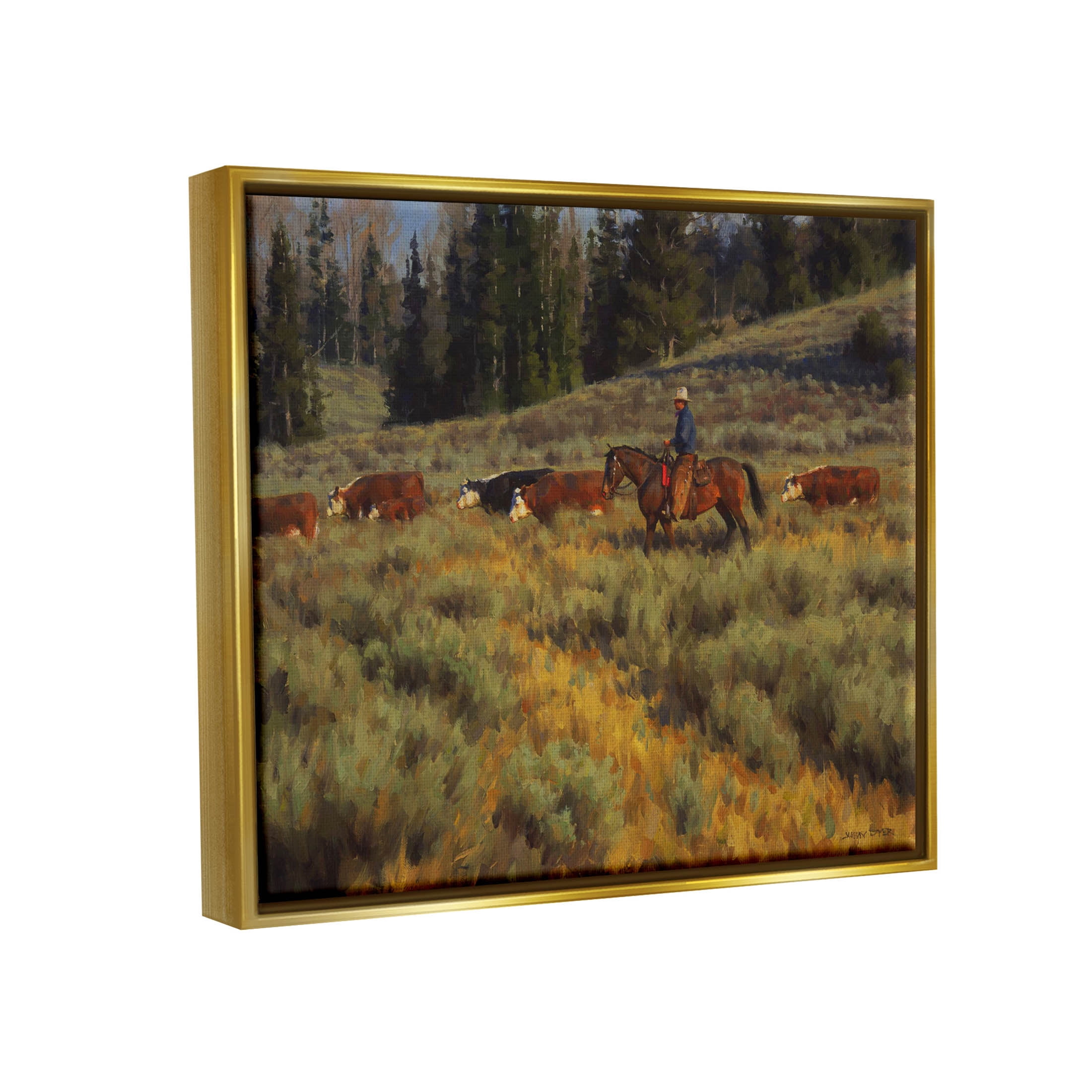 Cowboy Leading Cattle Meadow Animals & Insects Painting Metallic Gold Framed Art Print Wall Art
