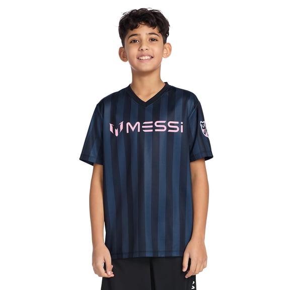 Top de manga corta con cuello en V y rayas para niño Messi, talla 6