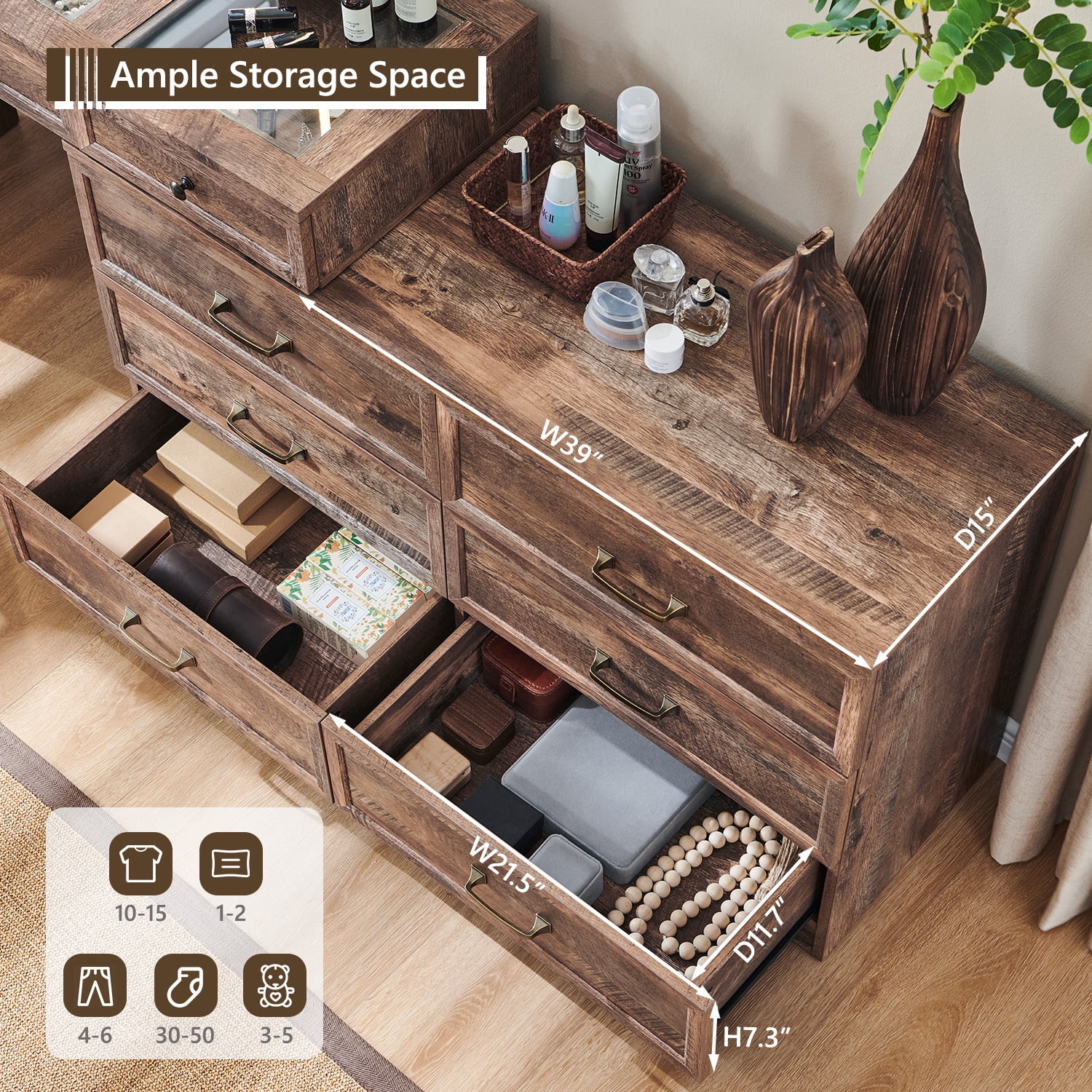 Farmhouse Vanity Desk with Glass Top, Corner Makeup Vanity Set with 30" HD Led Mirror and 3 Color Available Lights, 9 Storage Drawers, Wood Vanity Table for Bedroom
