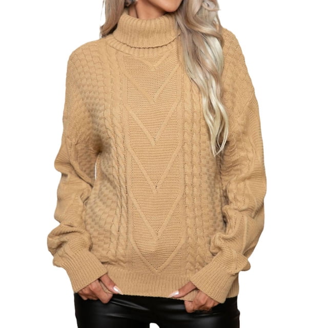 Annhoo Chandail pour Femmes Col Roulé Texturé Manches Longues Confortable Tricoté Automne Hiver Thermique Ample