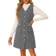 thumbnail image 1 of Vestido sin mangas a cuadros de tweed vintage con bolsillos delanteros y botones con cuello en V para mujer Negro M, 1 of 6