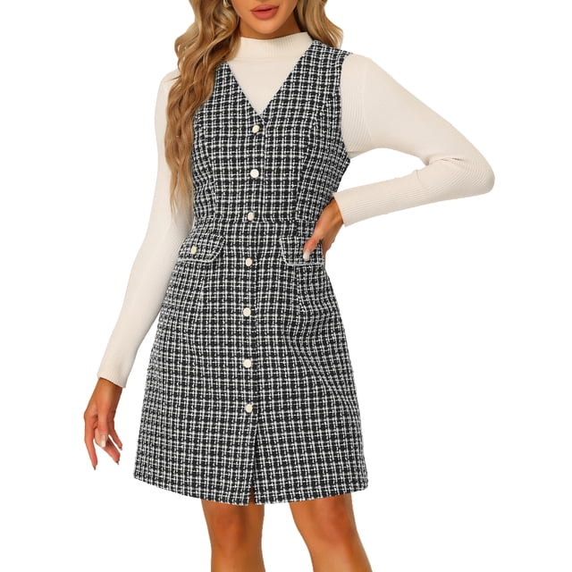 Vestido sin mangas a cuadros de tweed vintage con bolsillos delanteros y botones con cuello en V para mujer Negro M