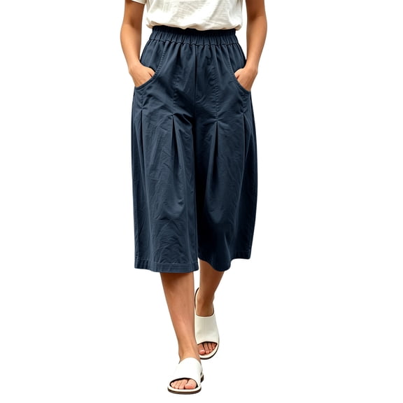 Women's Pleated Wide Leg Capri Skirt Pants Drawstring Elastic High Waist Lightweight Wrinkle Resistant Culotte Fit Navy M