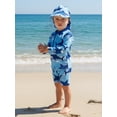 thumbnail image 6 of BemeyourBBs Toddlers Baby Boys Shark 3 Piece Swimsuit Infant Boy Bathing Suit Swim Shirt Trunk Shorts Set and Sun Hat Long Sleeve Swimwear Sunsuit UPF 50+ Rash Guard, 6 of 9