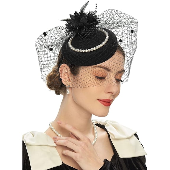 Pillbox Hats 20s 50s Vintage Fascinators for Women Tea Party Hats with Feather Mesh Veil Headband