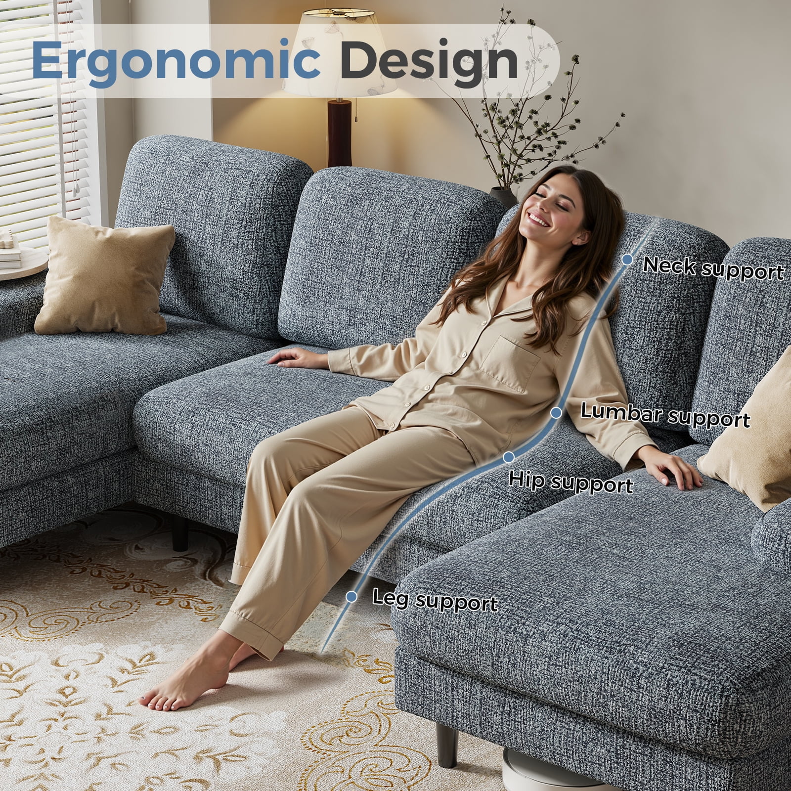 CONCETTA U Shaped Sectional Sofa Couches with Double Chaise 4-Seat Set, Chenille Fabric Cushion for Living Room Home Furniture, Dark Grey