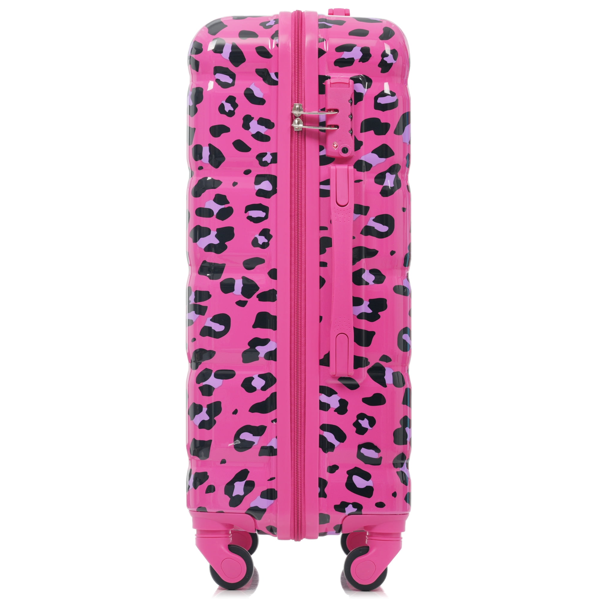 3 Piece Luggage Set, Fuchsia Leopard Print ABS+PC Hard Shell Suitcase, 20 Inch Airline Approved Carry-on with USB Port, Spinner Wheels & Side Hooks