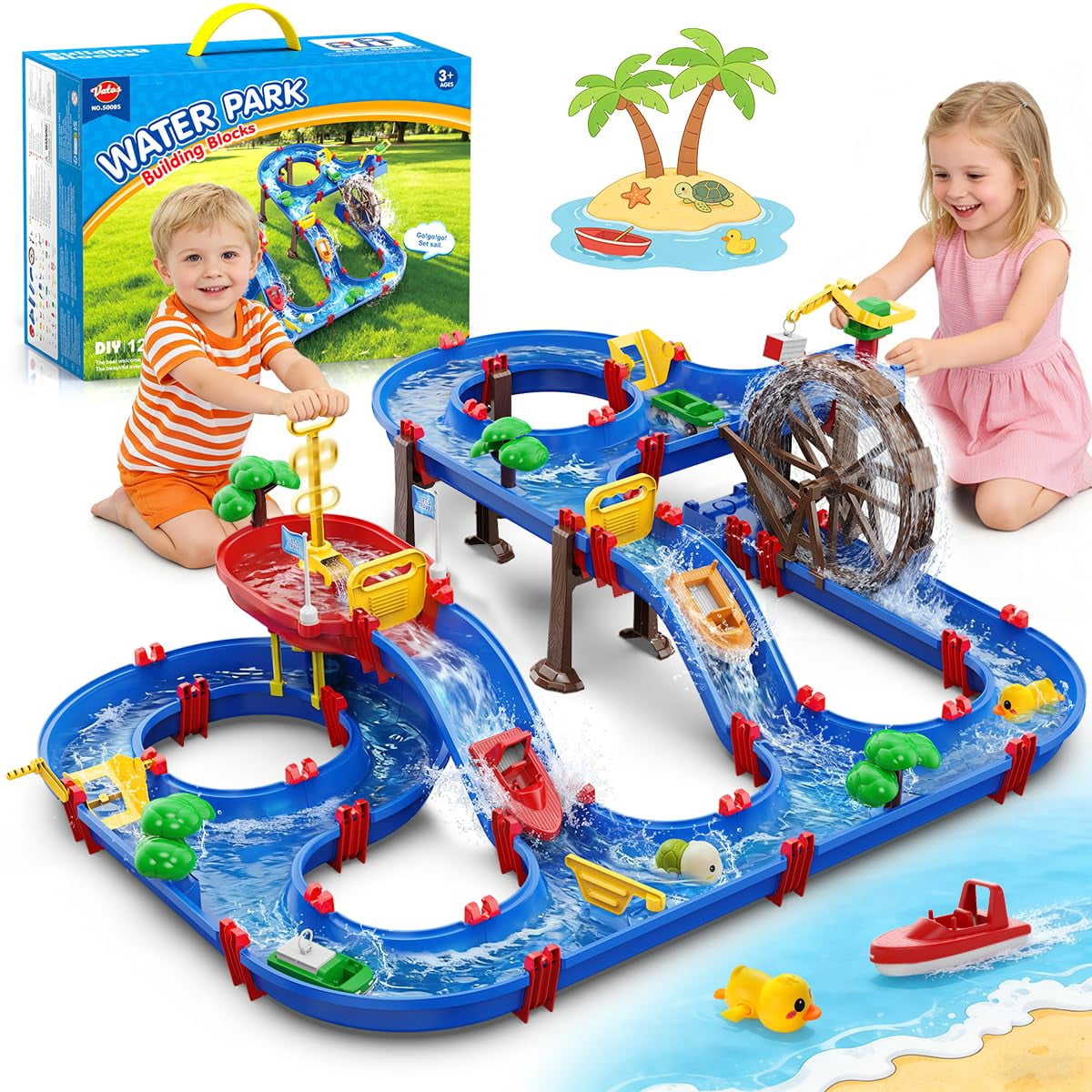Vatos 2-Tier Water Table for Kids 3+, DIY Water Park Playset with Water Wheel and Pump, Outdoor Summer Water Toy