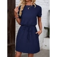 thumbnail image 3 of Navy Blue Womens Casual Short Sleeve Round Neck Waist Tie Mini Dress With Raglan Sleeve, 3 of 6