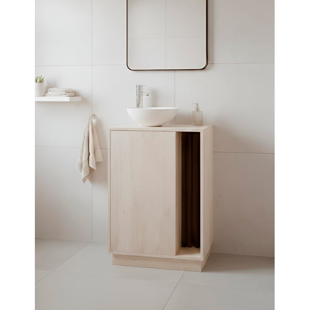 Gabinete para Baño con Ovalín y Llave Mezcladora, Mueble con Lavabo Moderno, Puerta de Almacenamiento y Diseño Elegante.