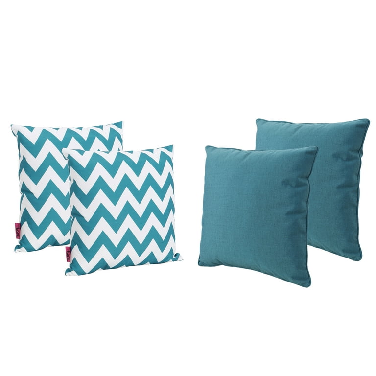 Greylin Outdoor Square Fabric Solid and Chevron Water Resistant Throw Pillows, Set of 4, Dark Teal, White