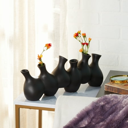 Black Ceramic Lever - CosmoLiving Large Modern Black Ceramic Vase Cluster with 6 Round Vases | 17” x 7”