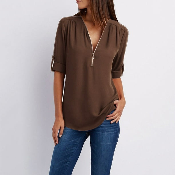 Puntoco Mujer Señoras Cremallera Botón Manga Larga Suelta Gasa Camisa Ropa Puntoco Puntoco-6573