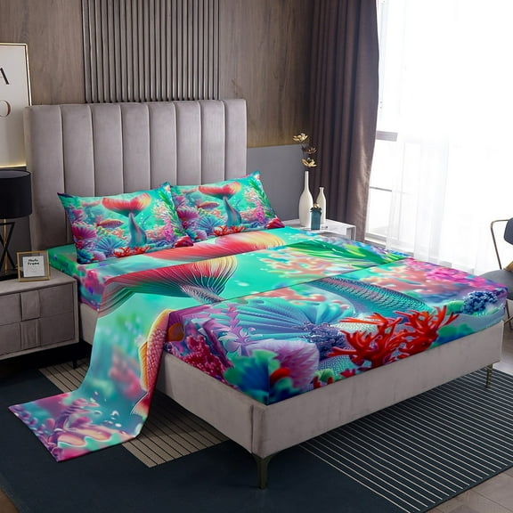 Erosebridal Mermaid Tail Sheet Set Twin, Colorful Coral Bedding Sets Twin Size, Gold Fish Decor 3-Piece