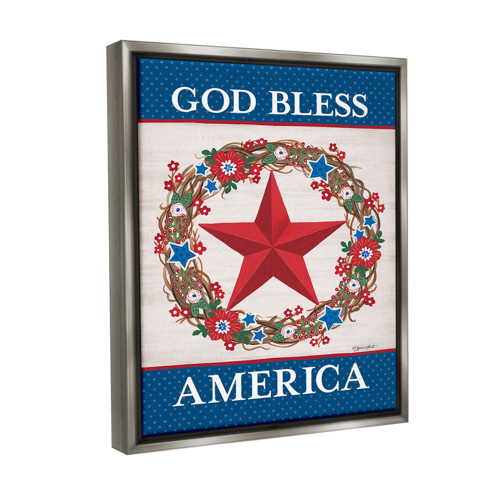 Stupell Industries God Bless America Wreath Botanical & Floral Painting Gray Floater Framed Canvas Art Print Wall Art, 25 x 31