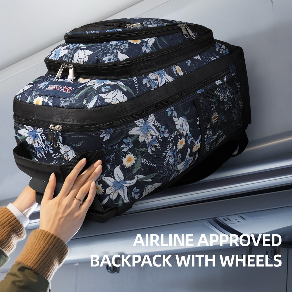20" Rolling Backpack for Women Men,2 in 1 Carry On Travel Backpack with Wheels & Telescopic Handle for Work, Weekend, School & Short Trips, Blue Lilies, JH2561