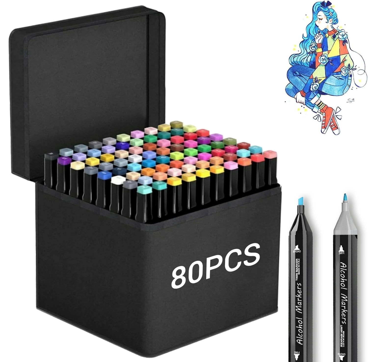 Alcohol Markers, ANUNU 80 Colors Dual Brush Tip Art Markers, Coloring Marker, for Book Painting Card Making, Christmas gift