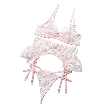 

COUTEXYI Women Floral Embroidery Lingerie Set Bra+Panties+Waist Warp