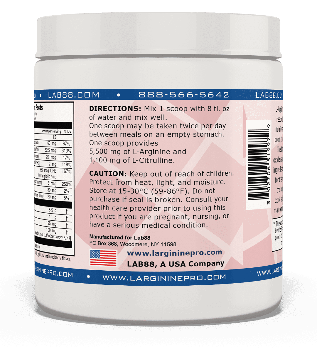L-Arginine Pro Powder - 5500mg L-Arginine, 1100mg L-Citrulline Cardio Health (Raspberry, 3 Jars)