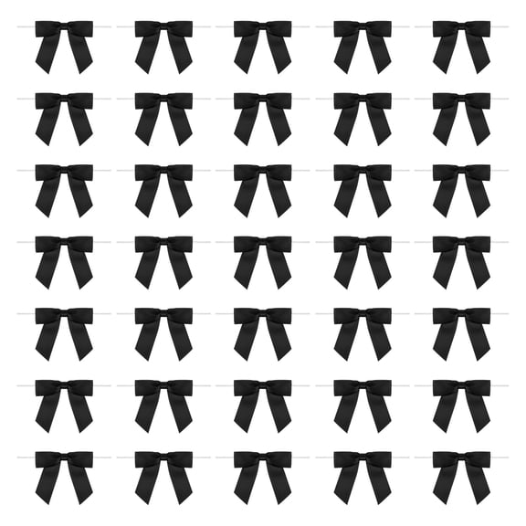 50Pcs Twist Tie Bow 3.5" Pre-Tie Gift Bows Mini Fabric Satin Ribbon for Treat Bags Craft DIY Flower Sewing Wedding Birthday Party (Black)