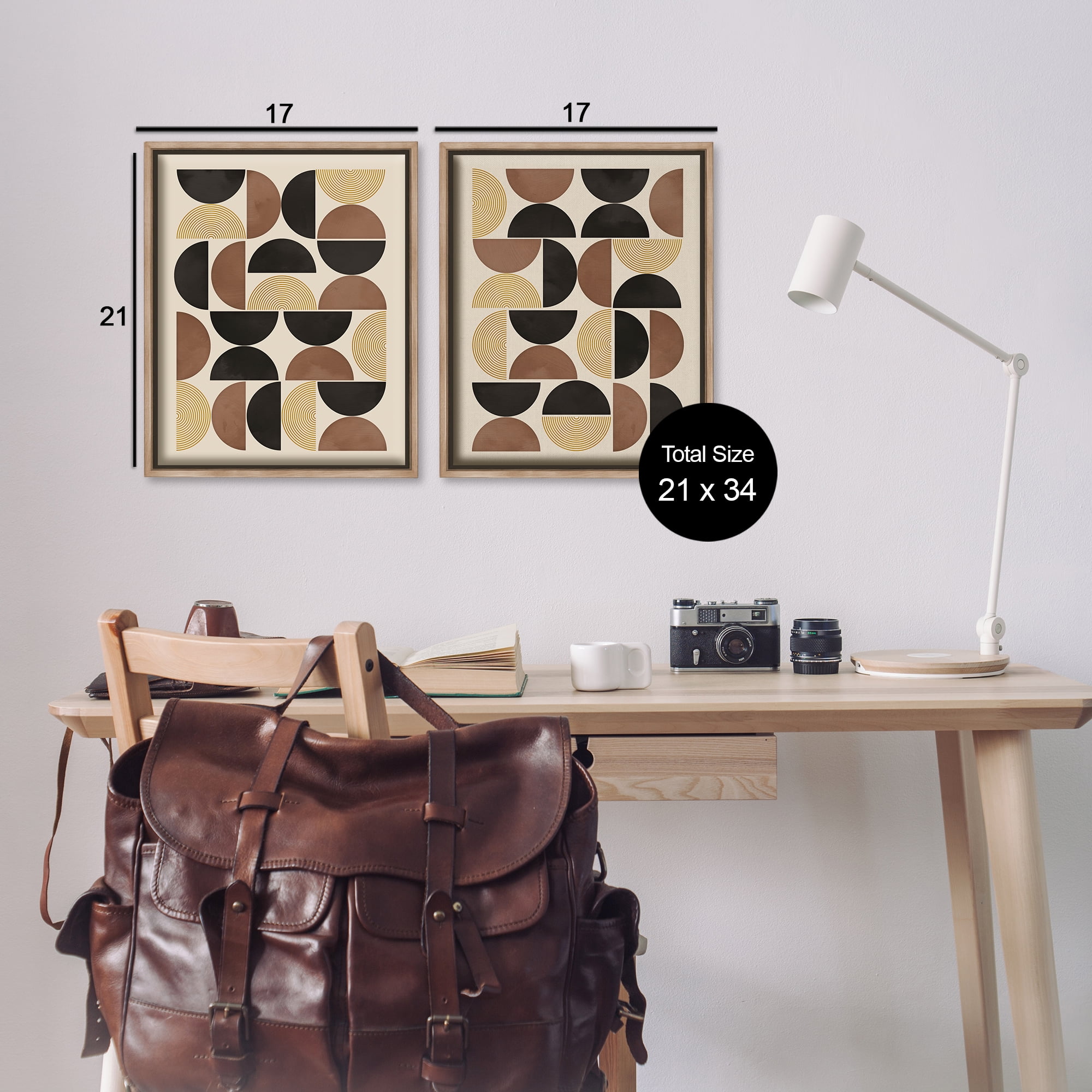 Stupell Industries Midcentury Geometric Semicircles Abstract Painting Brown Floater Framed Canvas Art Print Wall Art, 17 x 21, Set of 2