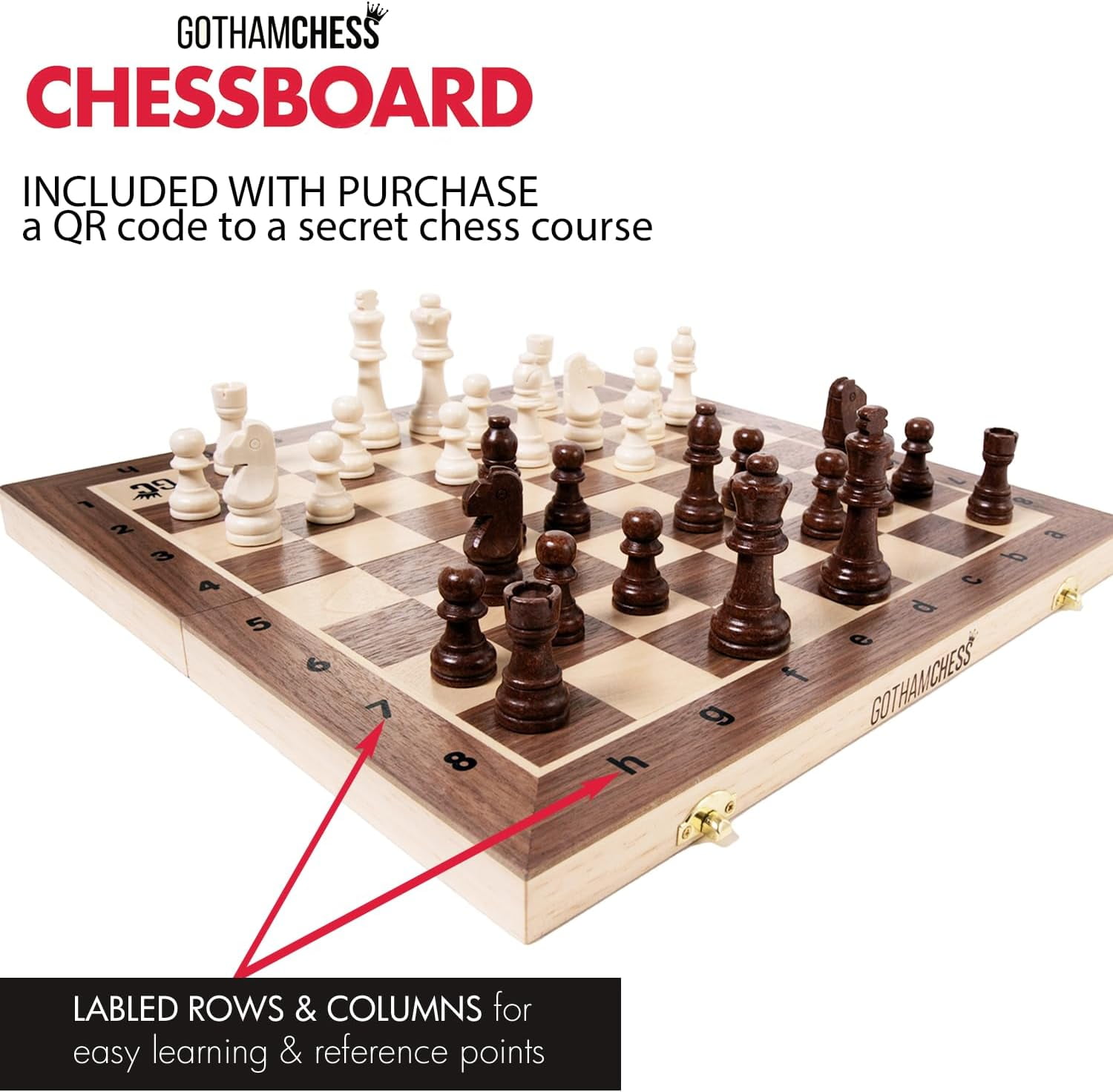 GothamChess, Chess Game board , Premium Wooden Finish Folding Board with Magnetic Pieces, Brown