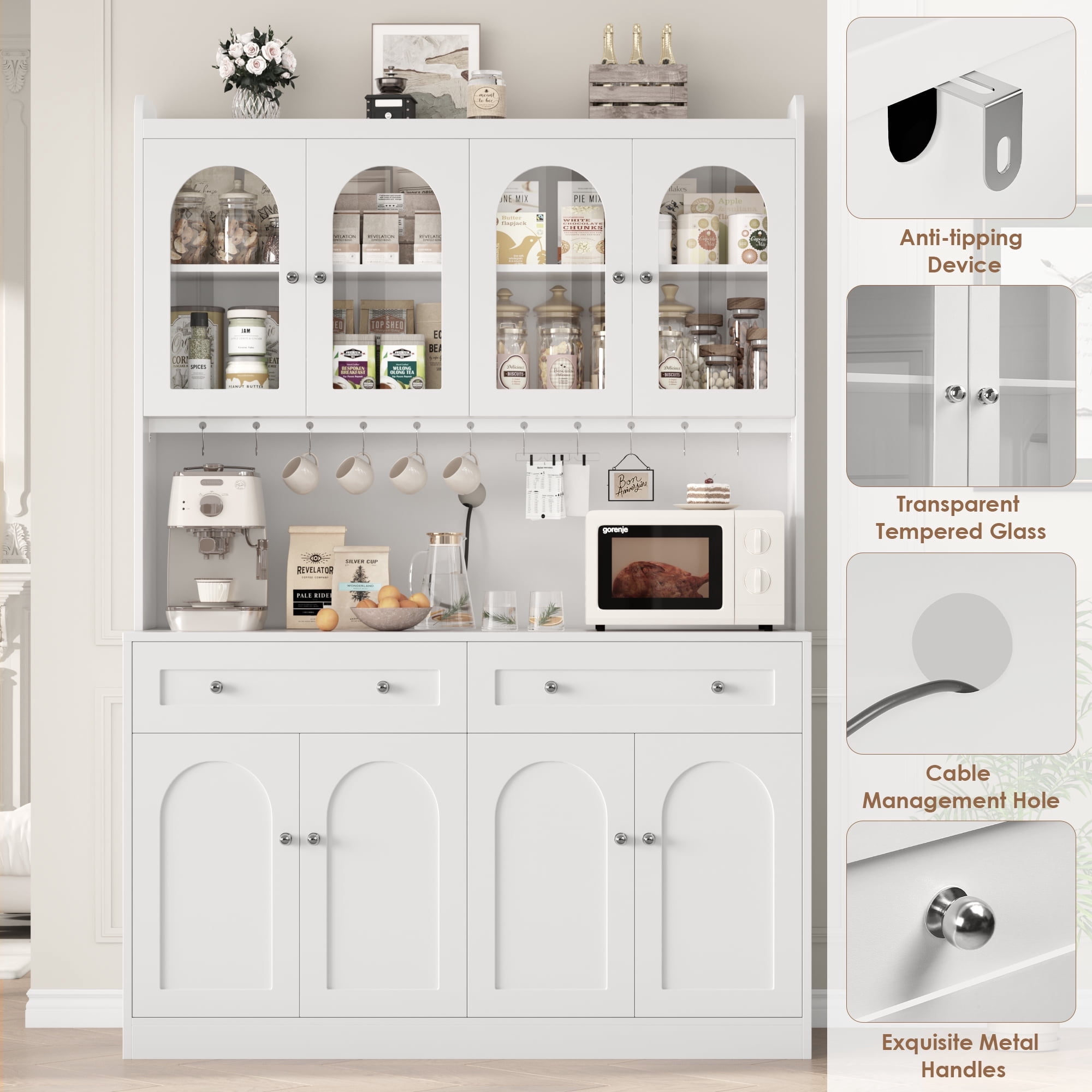 Homfa 73" Kitchen Pantry with Glass Doors, Freestanding Kitchen Cupboard with 2 Drawers & Microwave Hutch, Wood Storage Cabinet for Dining Living Room, White