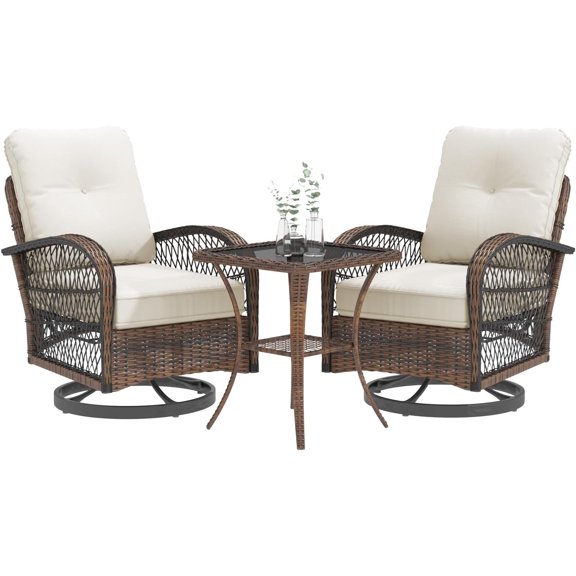 EROMMY 3 Pieces Patio Furniture Set, Outdoor Swivel Rocker Patio Chairs, Wicker Patio Bistro Set with Rocking Chair, Thickened Cushions and Glass Coffee Table for Backyard, Garden, Beige