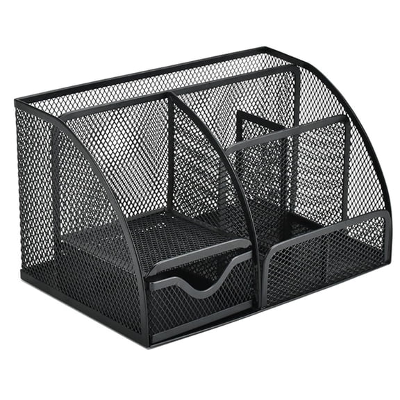 Black Mesh Pen Holder and Organizer Office Supplies with 7 Compartments, Desktop Organizer with Drawer, Metal Pen Holder for Desk, 9.1" x 5.9" x 5.5''