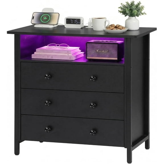 JUIKURY 27 Inch Wide Nightstand with Charging Station, Large Nightstand with 3 Wood Drawers & LED Lights, Big Bedside Table with Open Shelf for Bedroom, Office, Black.