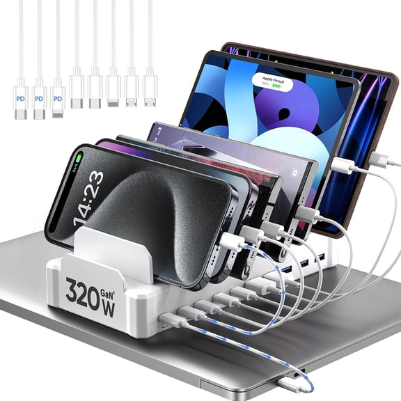320W Charging Station for Multiple Devices, 10-Port USB C Fast Charger Stations for MacBook, iPhone, Android Cell Phone, iPad, Tablet, Family Multi-Device Organizer Charging Dock, White