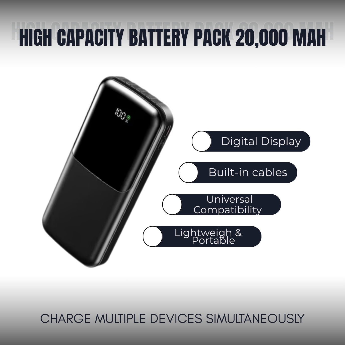 Entronix 3-in-1 Power Bank with Built-In Cables, 20000 mAh Portable Charger 22.5W Digital Display, Black