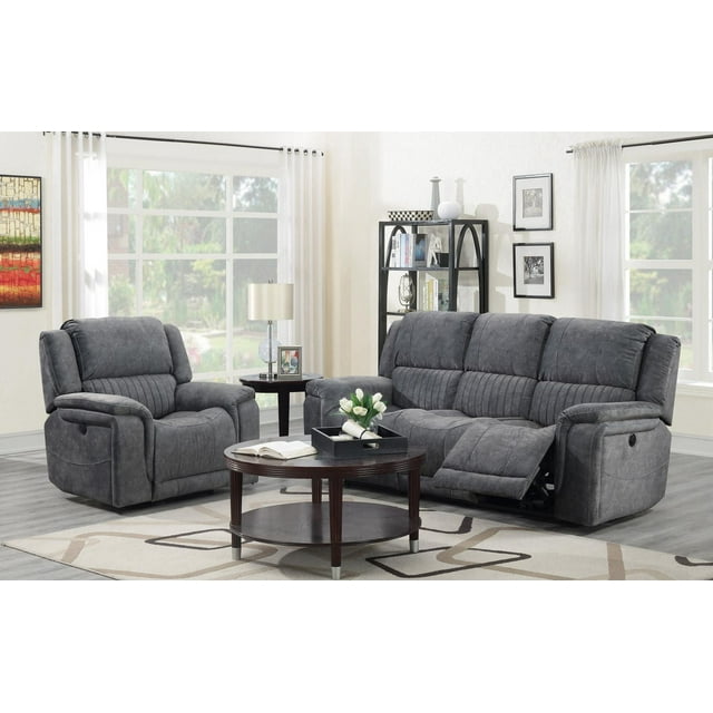 K-Living Washington Suede Fabric Power Recliner Set In Grey (Includes Sofa, Loveseat And Chair)
