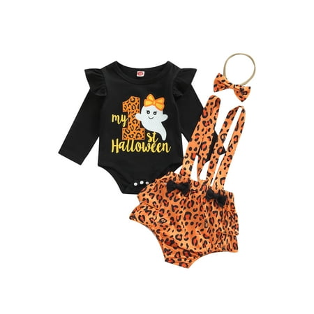 

Gwiyeopda Infant Baby Girls 3 Pieces Suit Set Letter Ghost Print O-Neck Long Sleeve Romper+ Suspender Culottes+ Headband