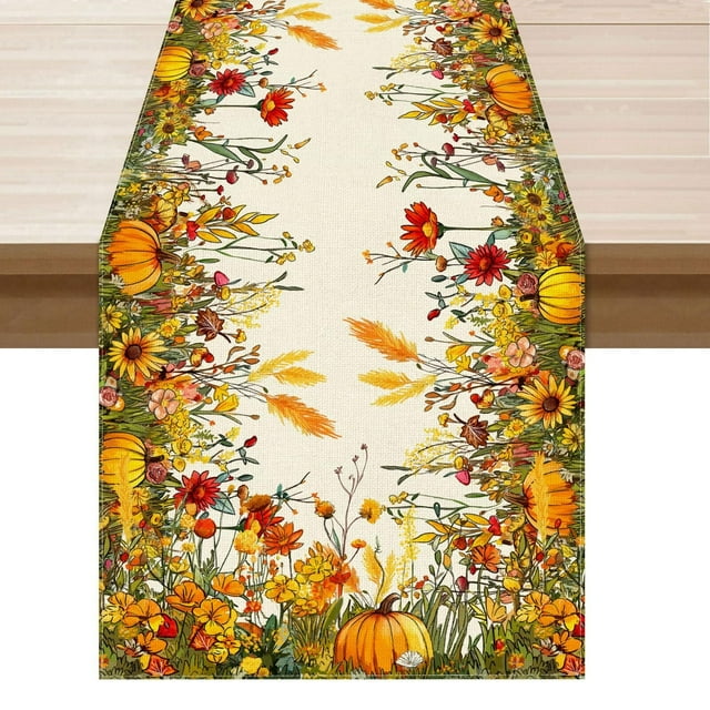 WANGQI Fall Color Wild Flowers Pumpkin Table Runner Table Decoration for Kitchen Dining Dinner Autumn Home Decor