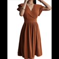 thumbnail image 3 of Robe Midi d'Été 2025 Printemps Col en V Cocktail Invitée de Mariage Coupe Évasée et Robes Évasées Brun Clair P, 3 of 7