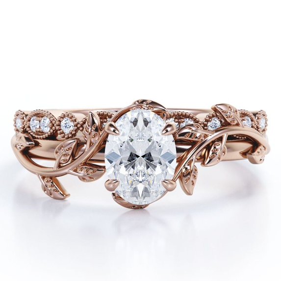 Art Deco Filigree Milgrain - 0.65 Carat Egg Cut Moissanite - Beautiful Leaf Bridal Ring Set - 18K Rose Gold Plating over Silver