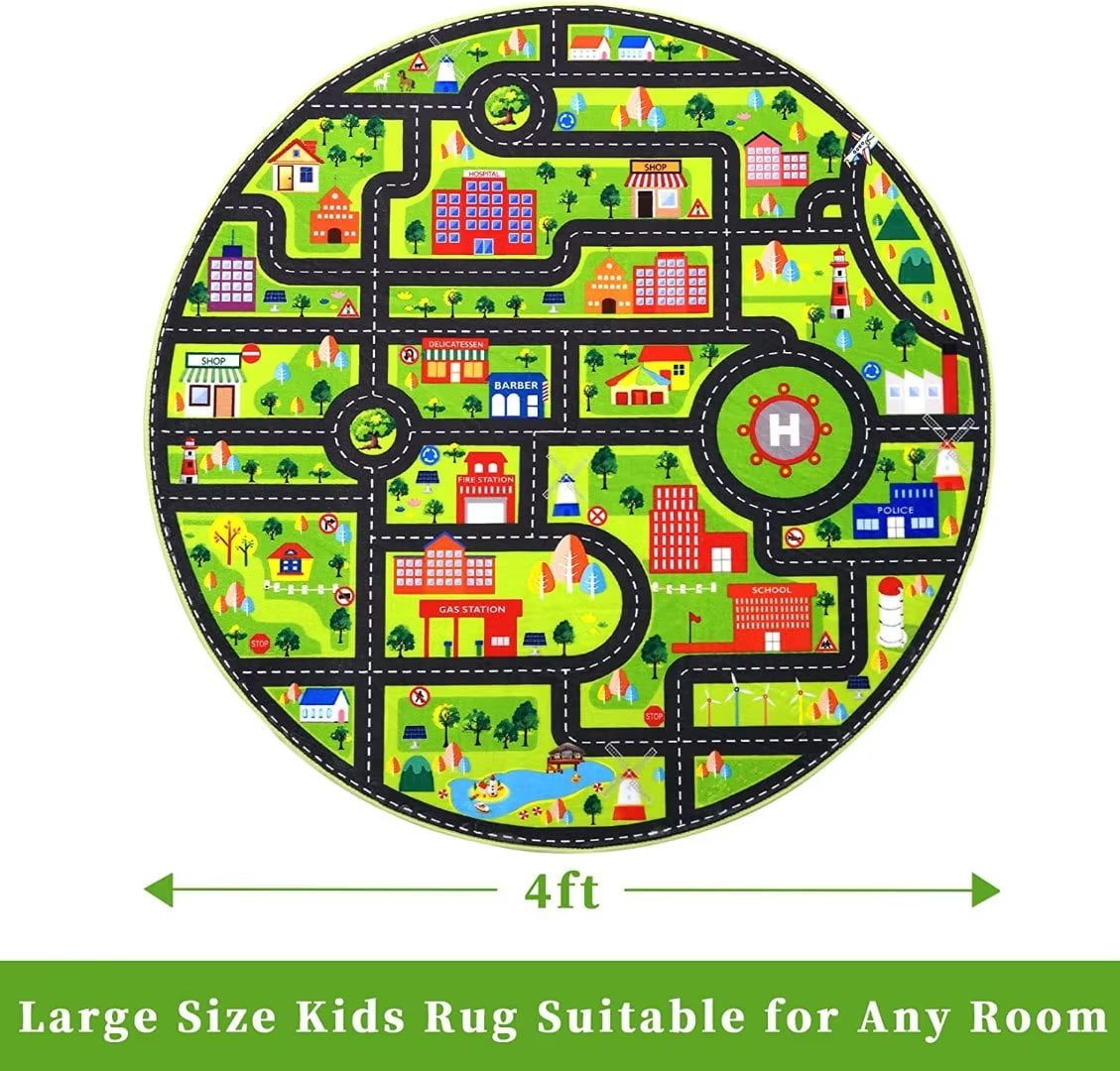 Haperlare Round Kids Playmat 4ft Car Rug Toddler Classroom Kids Road Traffic Carpet Non Slip Nursery Rug City Map Educational Rug for Bedroom Kids Boys Room, Black