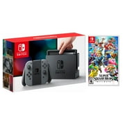 Nintendo Switch Console with Gray Joycon Controllers and Super Smash Brothers Ultimate
