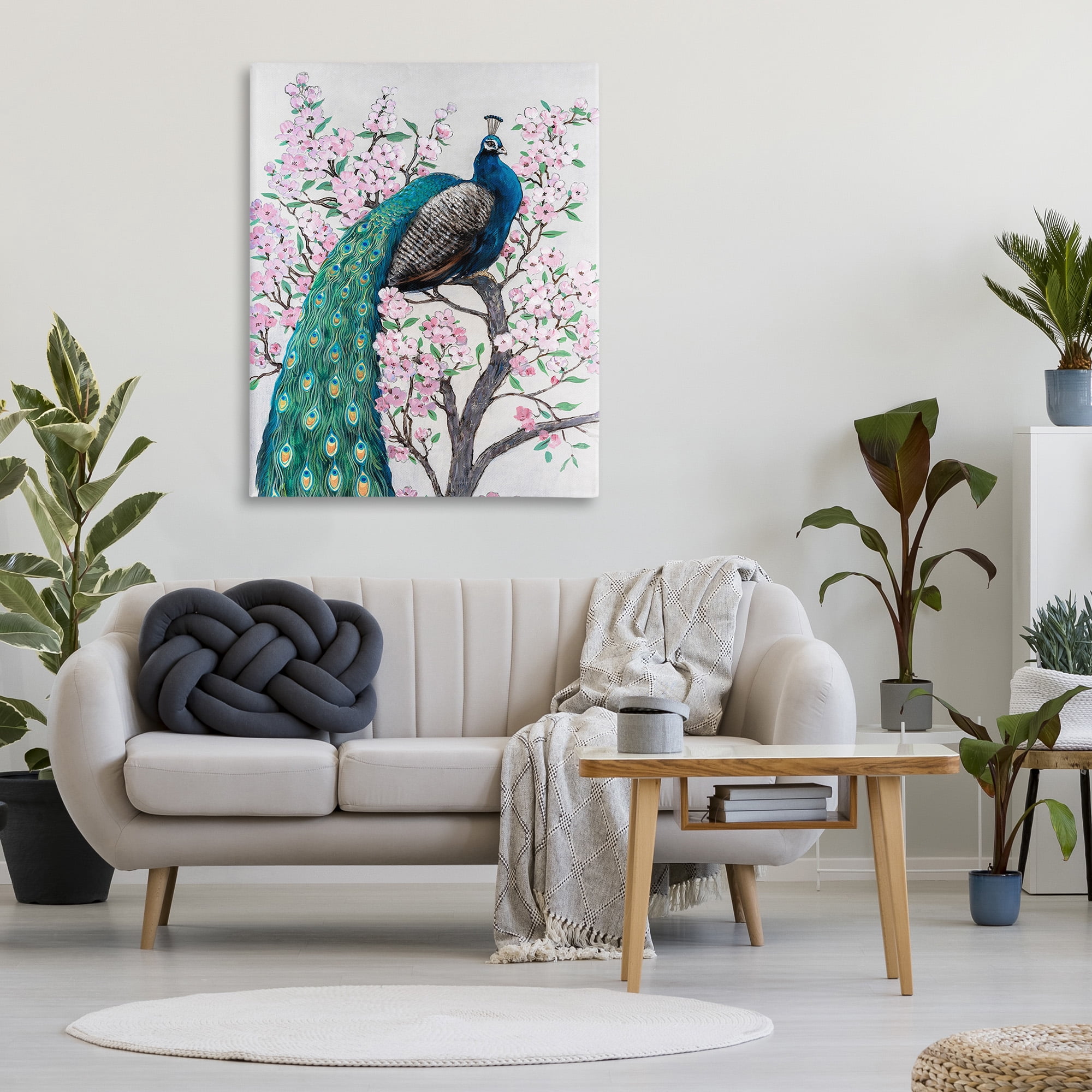 Stupell Industries Peacock Perched on Florals Animals & Insects Painting Gallery Wrapped Canvas Art Print Wall Art, 36 x 48