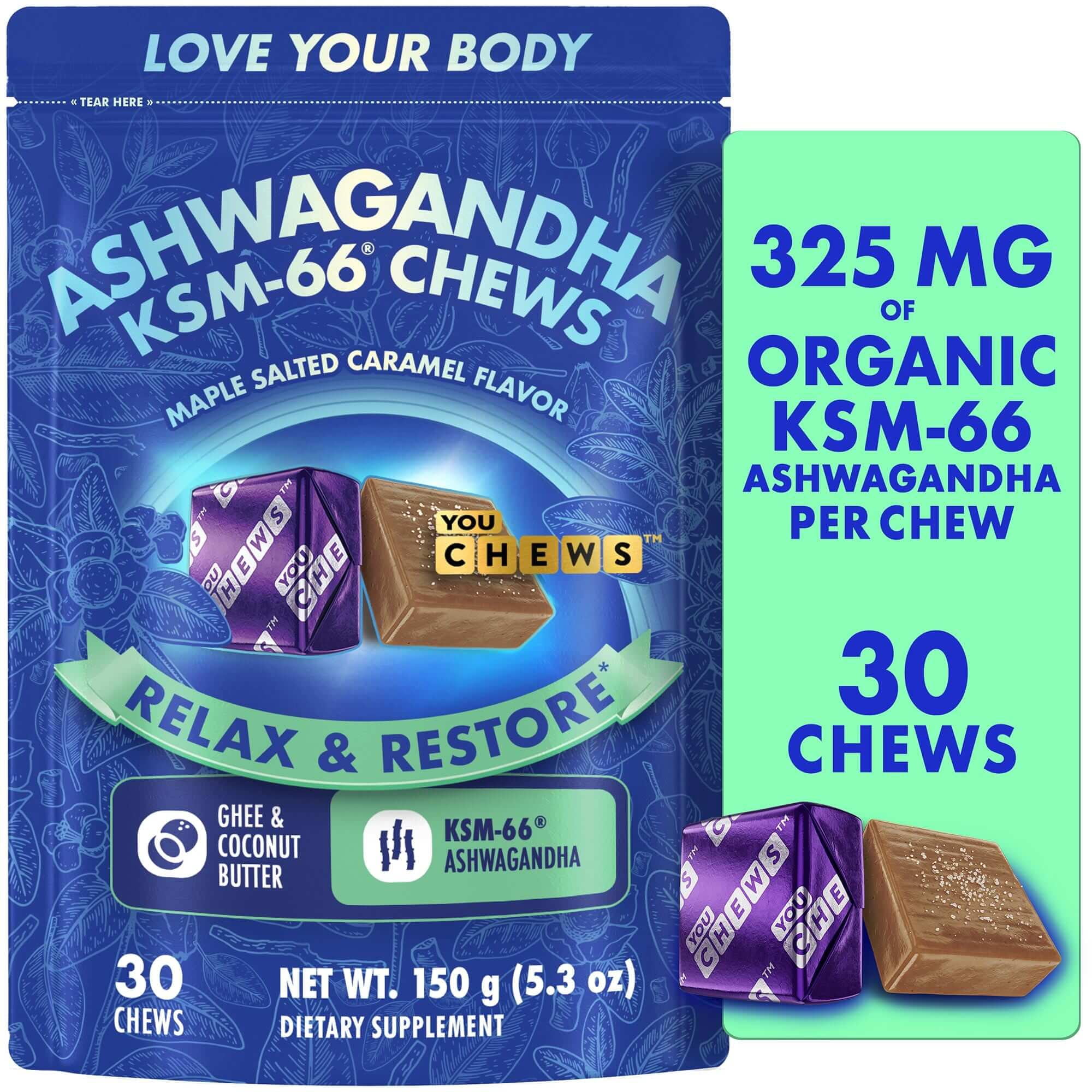 YouChews KSM-66 Ashwagandha Chews for Stress Relief & Mood Support, Relaxation & Recovery, Maple Salted Caramel, 30 Soft Chews, Vegan & Sugar-Free