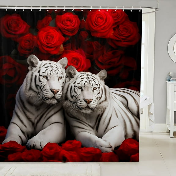 White Tiger Shower Curtain Set Red Rose Fabric Shower Curtain 72"Wx72"L,Romantic Flowers Animal Bath Curtain Big Cat Safari Animals Wall Art Bathroom Decor