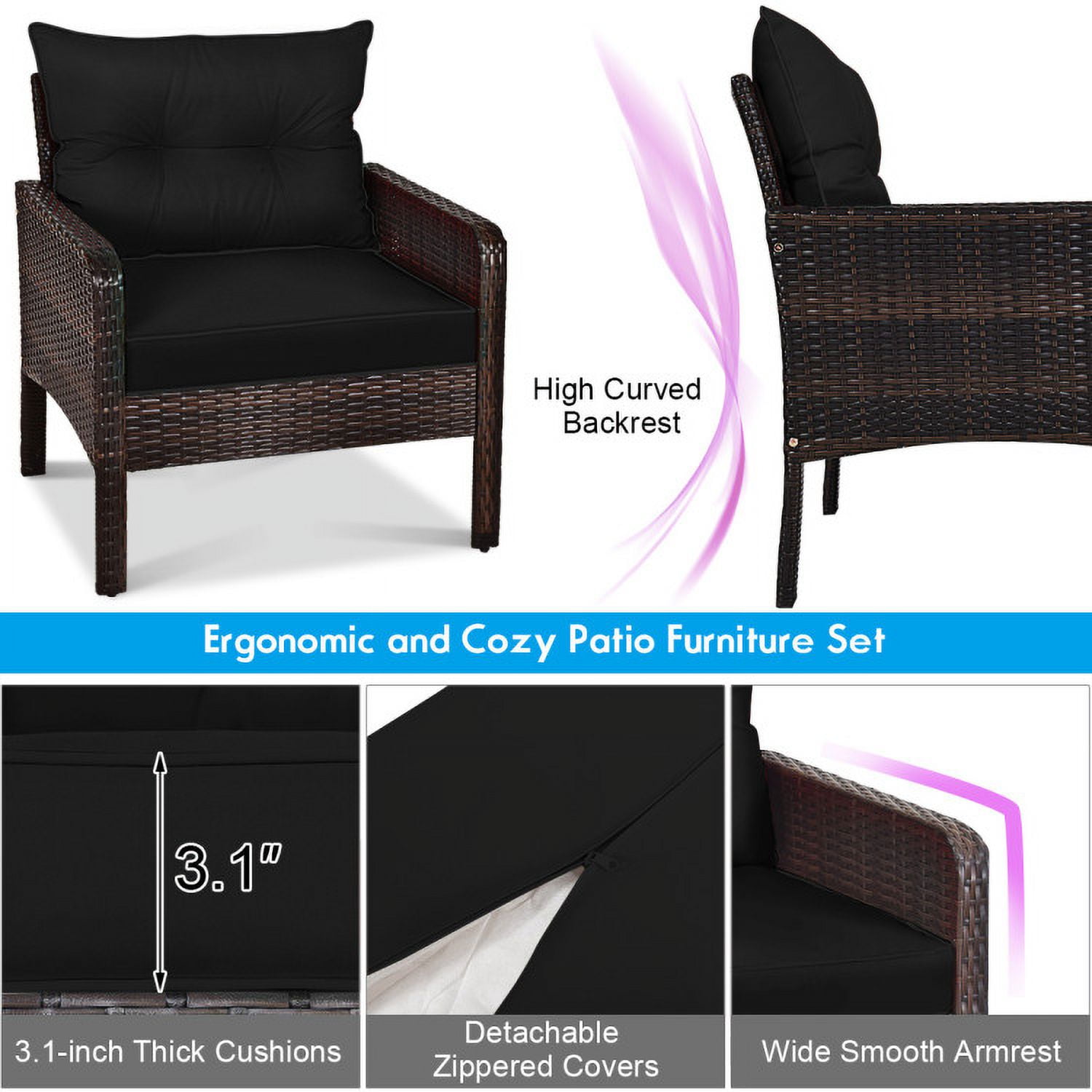 Aimee Lii 5 Pieces Patio Rattan Sofa Ottoman Furniture Set with Cushions, Outdoor Patio Furniture, Black