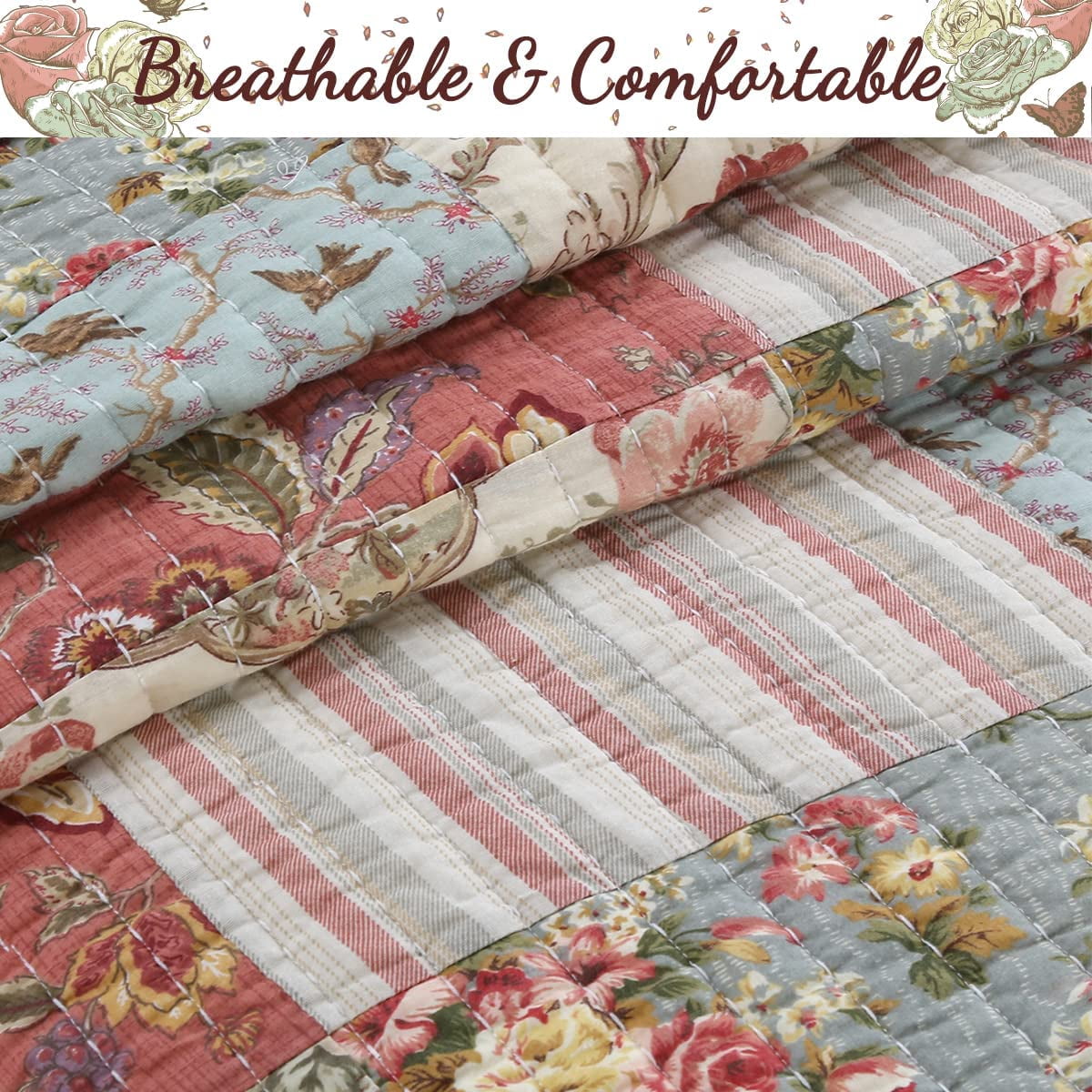 Cozy Line Sophiea Roseman 100% Cotton 3-Piece Quilt Bedding Set, King Set
