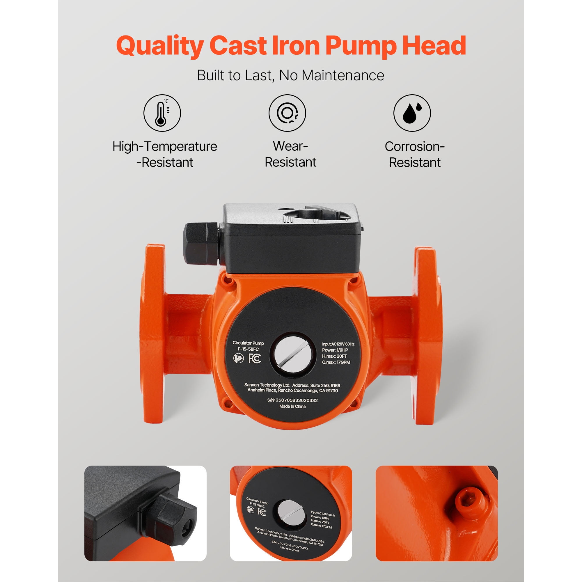 KFFKFF Cast Iron Circulator Pump, 17 GPM, AC 120V, 20 ft Hot Water Recirculation Pump, 1-Inch Flange Connection, 3-Speed Settings, Low-Noise Design, Ideal for Residential Water Heating Systems