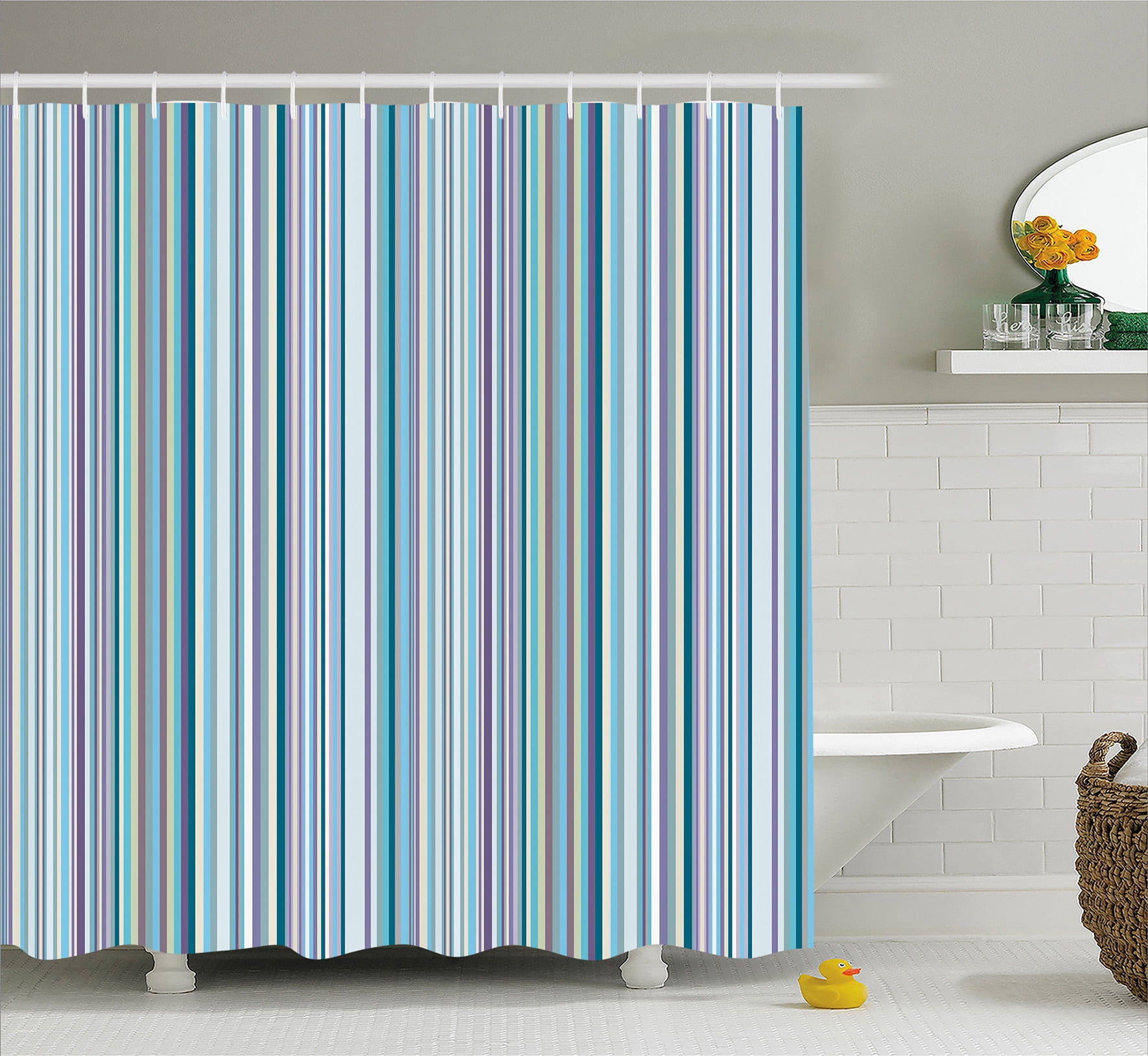 Striped Shower Curtain Blue Purple Teal Aqua Lavender Colored Vertical Stripes Geometric Abstract Vintage Fabric Bathroom Set With Hooks