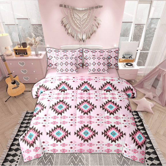 Manfei Western Retro Aztec Twin Bedding Sets 7-Piece, Bohemian Hippie Geometric Bedding Comforter Set, Teens Kids Adult Reversible Sheet Sets, Luxury Bedroom Decor